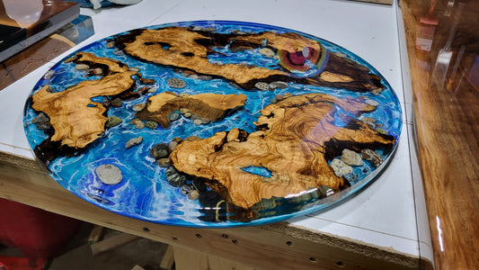 Handcrafted Resin Ocean Table with Aegean Olive Wood & Petoskey Stones | Nita's Fluid Wood