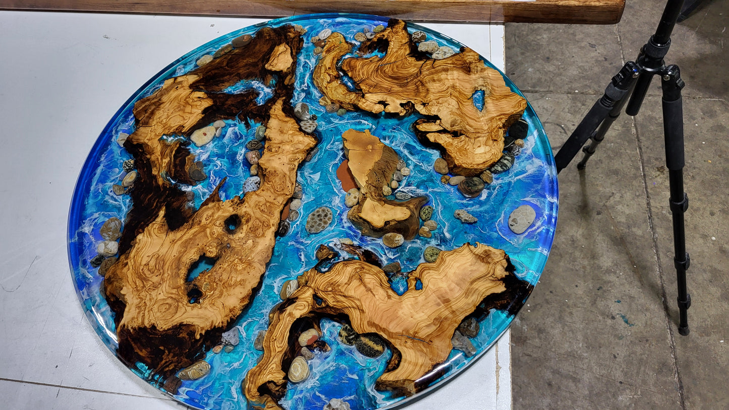 Handcrafted Resin Ocean Table with Aegean Olive Wood & Petoskey Stones | Nita's Fluid Wood