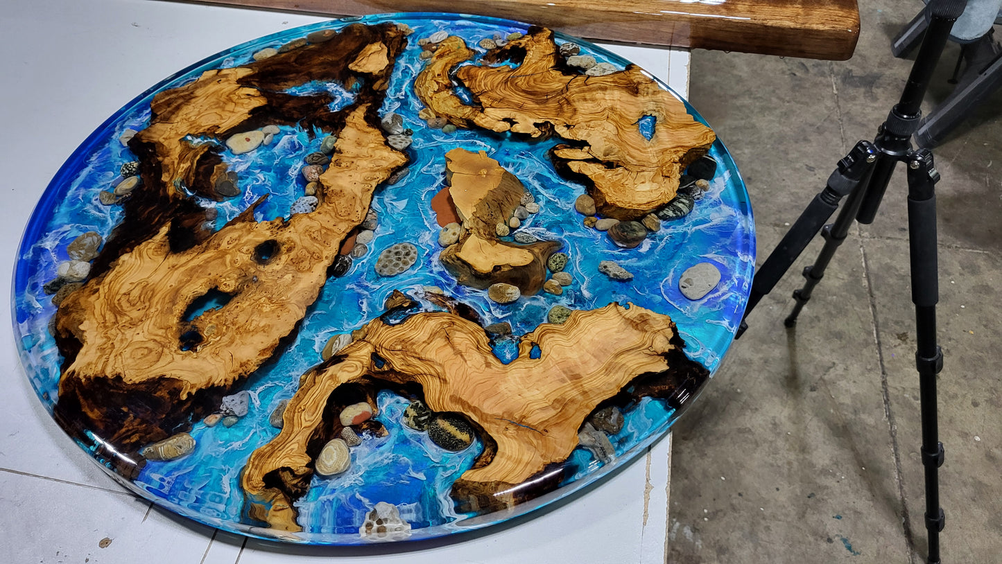 Handcrafted Resin Ocean Table with Aegean Olive Wood & Petoskey Stones | Nita's Fluid Wood