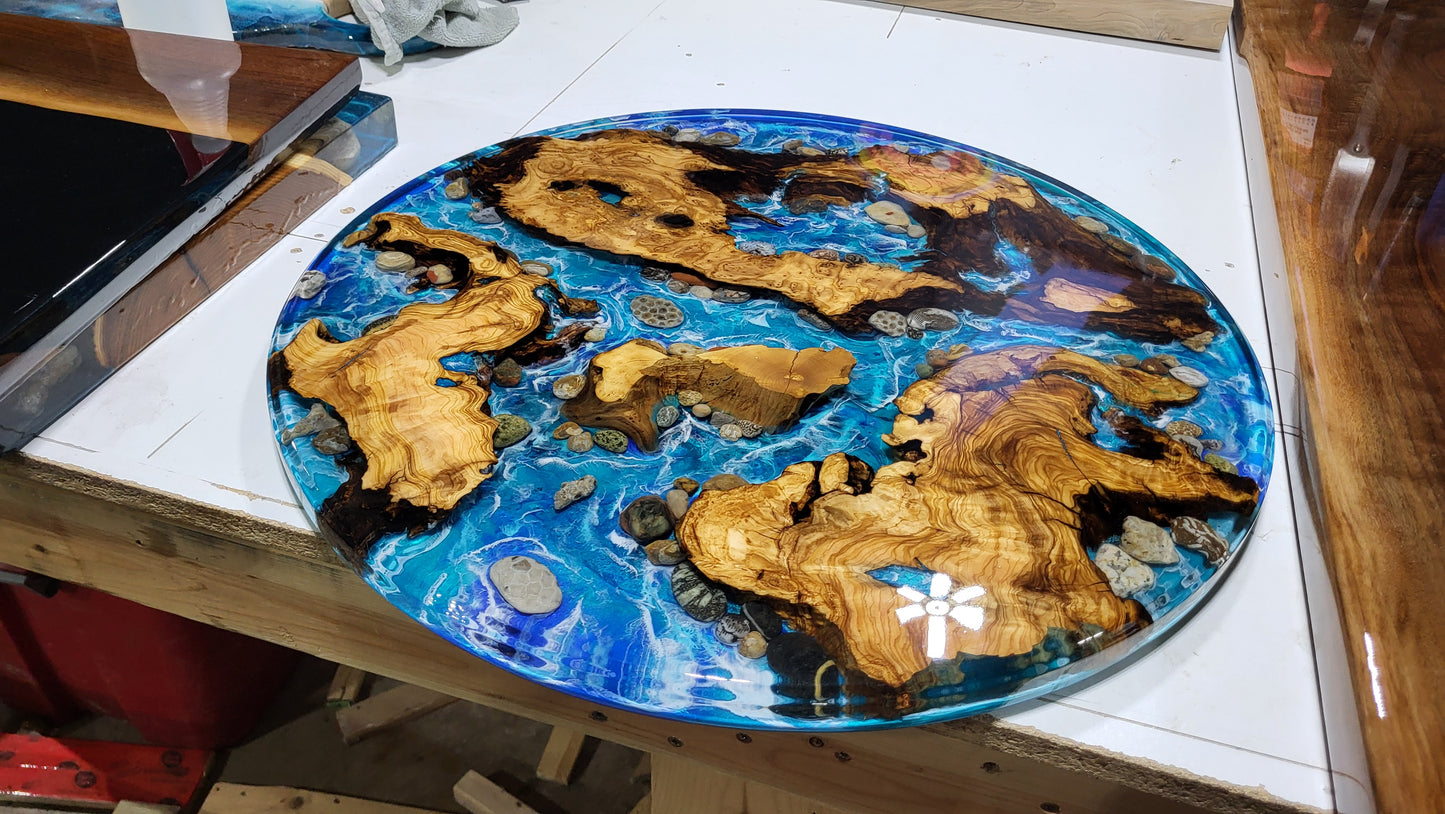 Handcrafted Resin Ocean Table with Aegean Olive Wood & Petoskey Stones | Nita's Fluid Wood