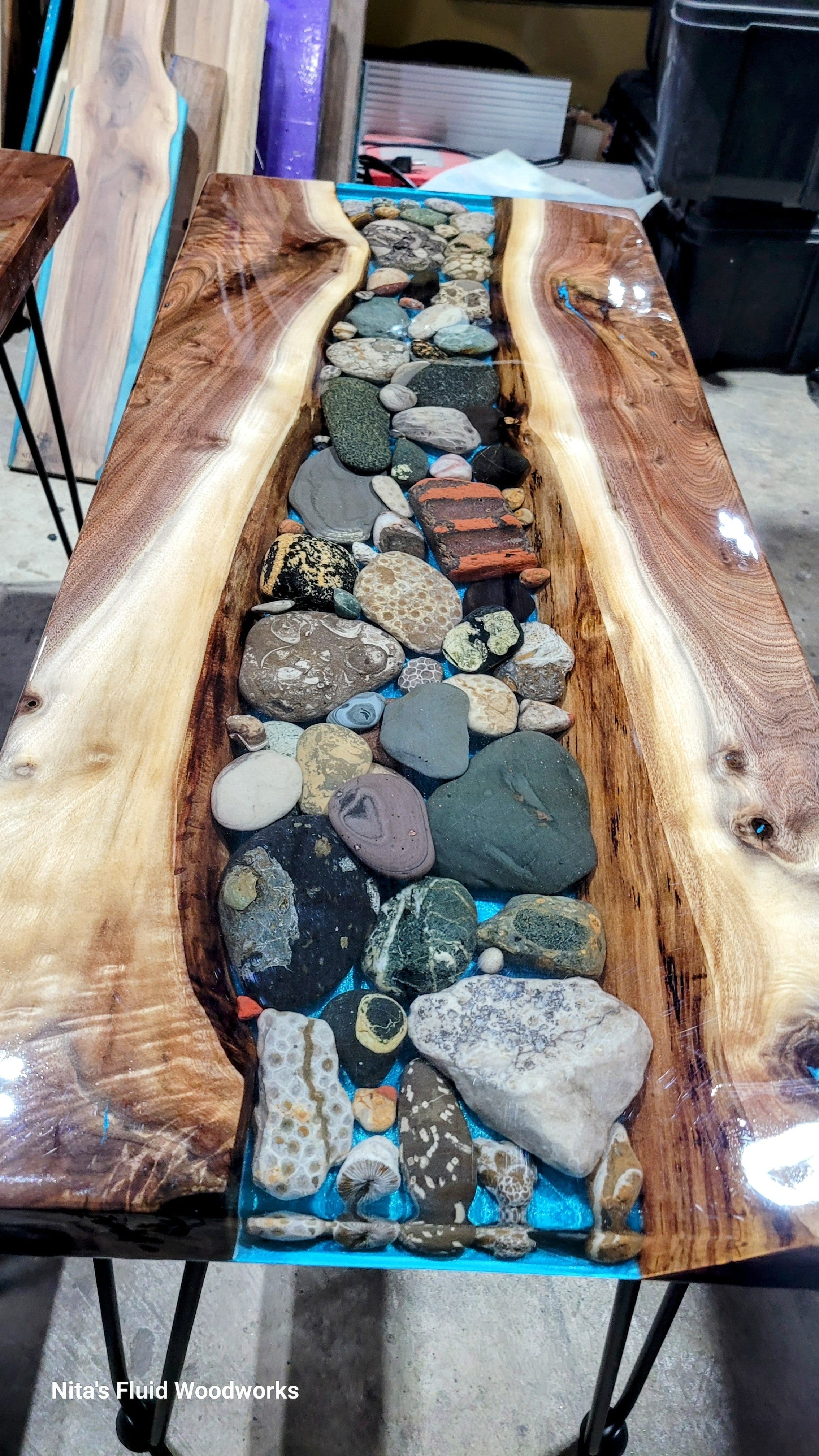 Handcrafted Petoskey Stone Table – Unique Resin Art Furniture Nita's Fluid Wood