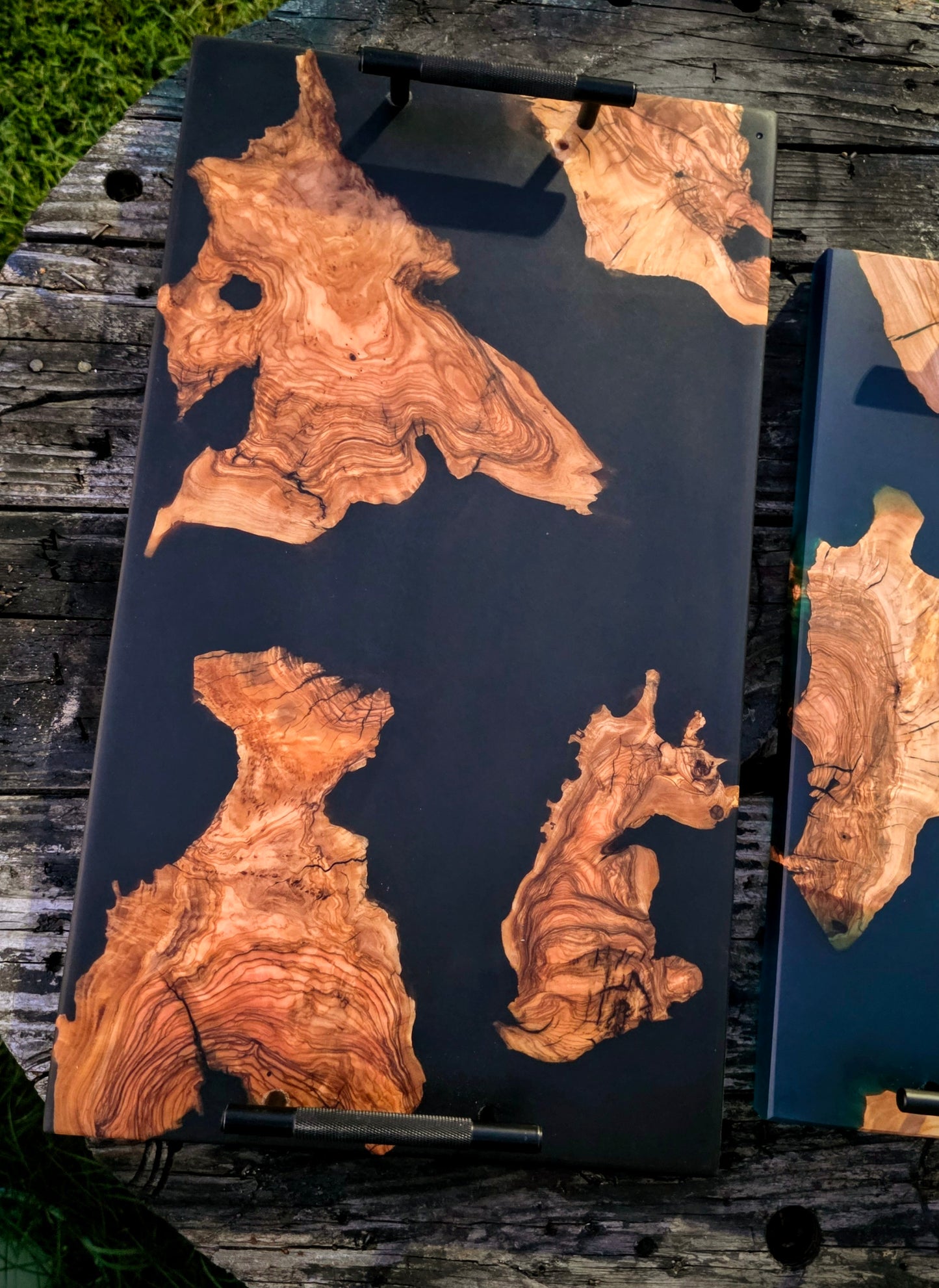 Black Olivewood Serving Tray, Resin wood Charcuterie Board, Rolling Tray