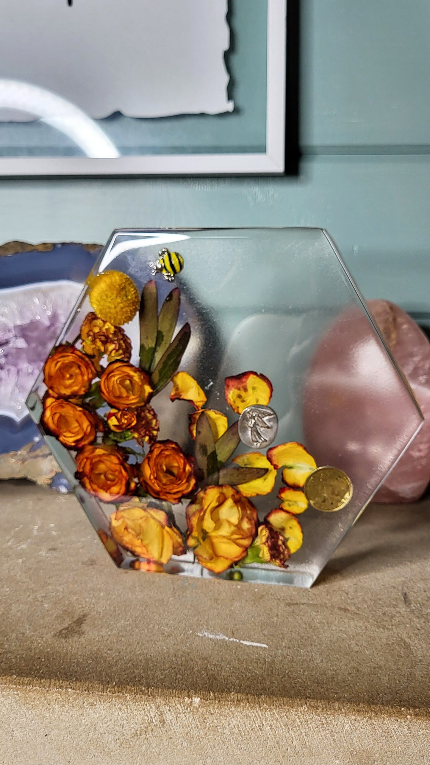 Custom Wedding Bouquet Preservation Hexagon, Resin Flower Preservation, Ashes Memorial, Wedding Flower Art Decor Floral Keepsake, Preserved Flowers Resin