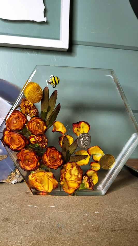Custom Wedding Bouquet Preservation Hexagon, Resin Flower Preservation, Ashes Memorial, Wedding Flower Art Decor Floral Keepsake, Preserved Flowers Resin