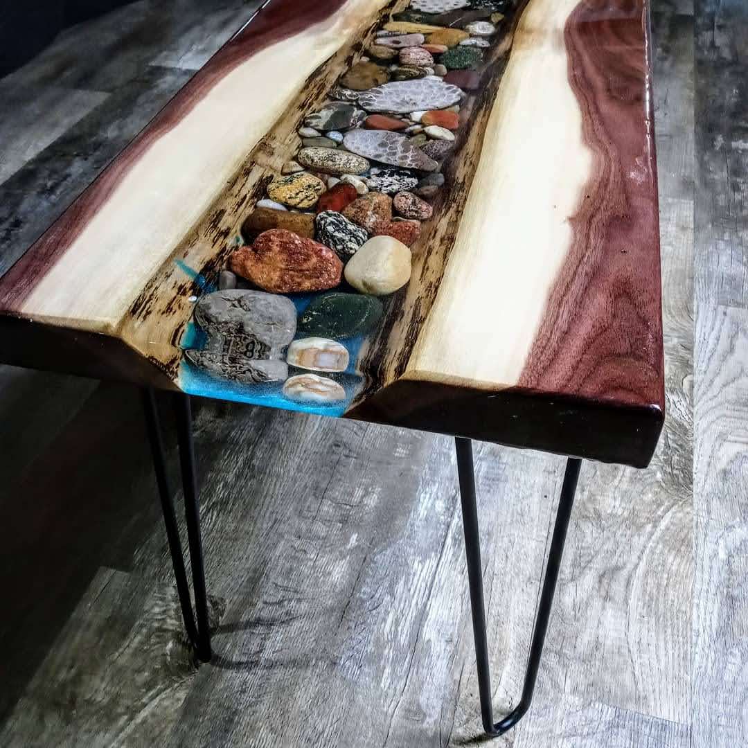 Live Edge Epoxy Petoskey River Rock Coffee Table Epoxy River Rock Table