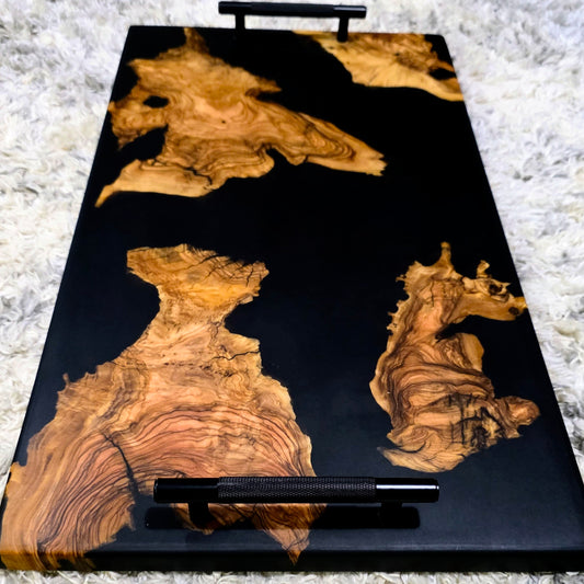 Black Olivewood Serving Tray, Resin wood Charcuterie Board, Rolling Tray