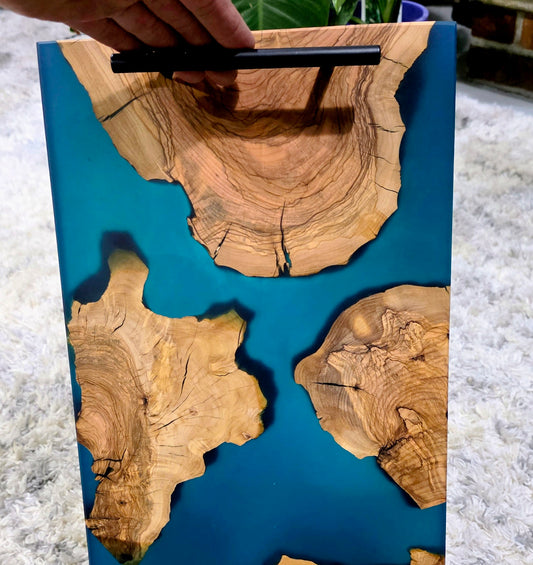 Teal Wood Serving Tray, Resin Olivewood Charcuterie Board
