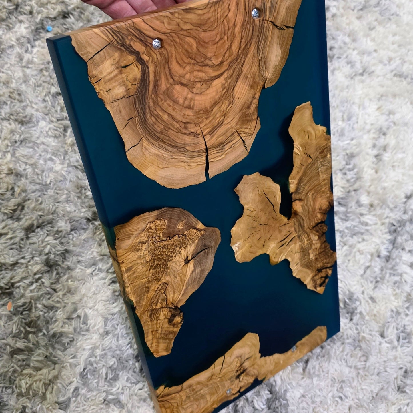Teal Wood Serving Tray, Resin Olivewood Charcuterie Board