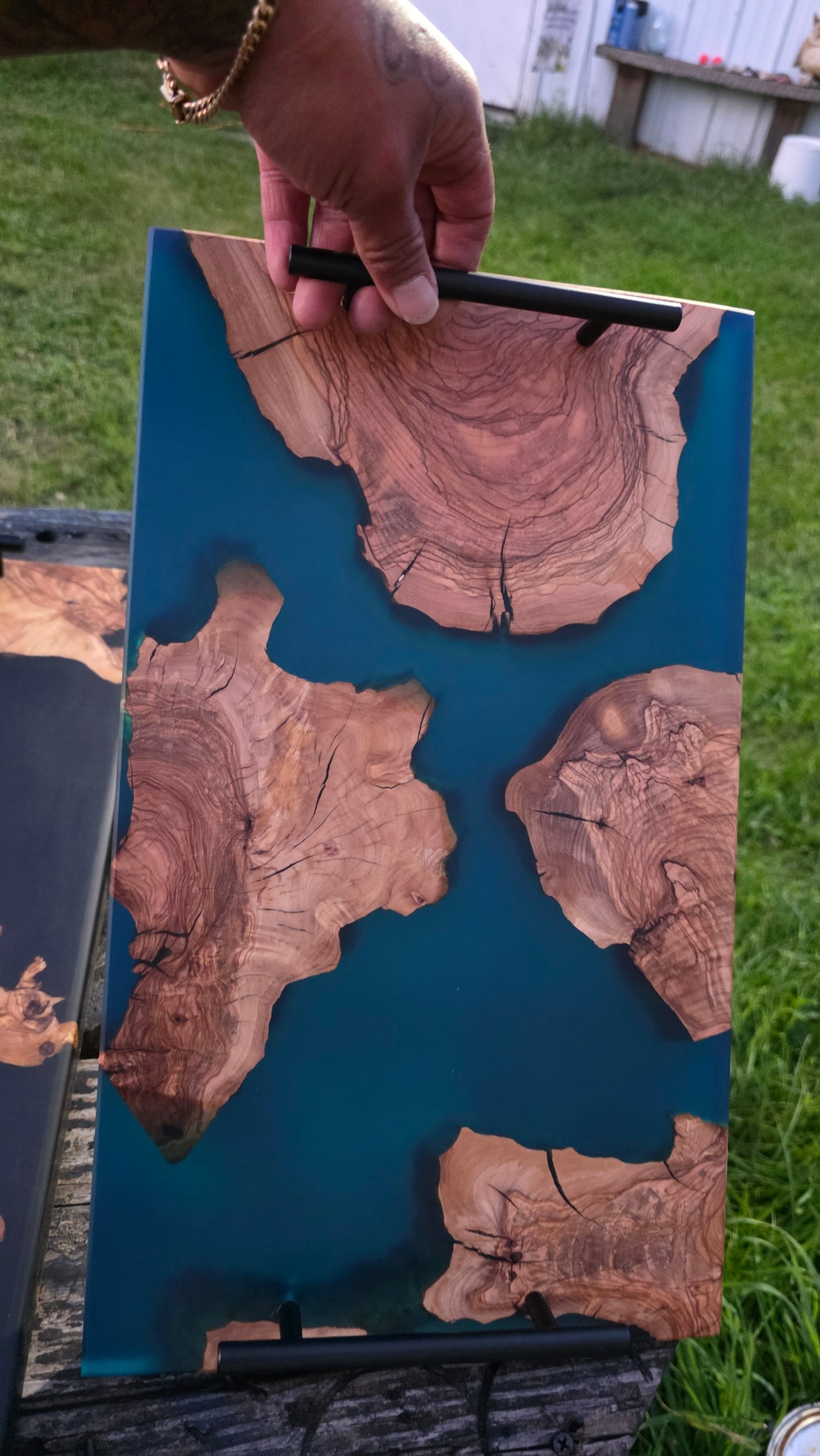 Teal Wood Serving Tray, Resin Olivewood Charcuterie Board